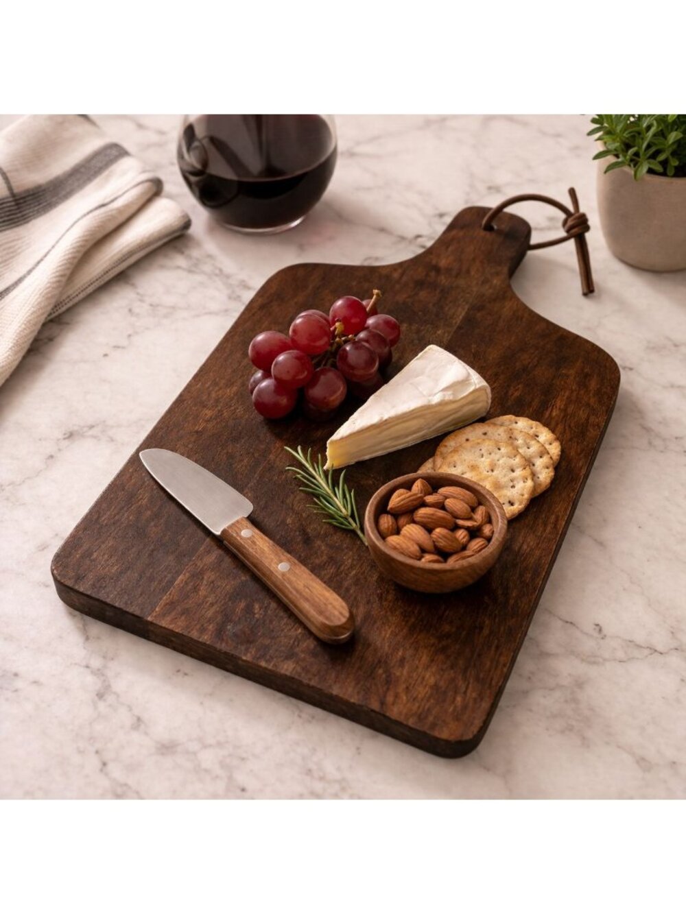Rustic Wooden Serving And Cutting Board With Handle & Leather Loop 13.5"x8" Made